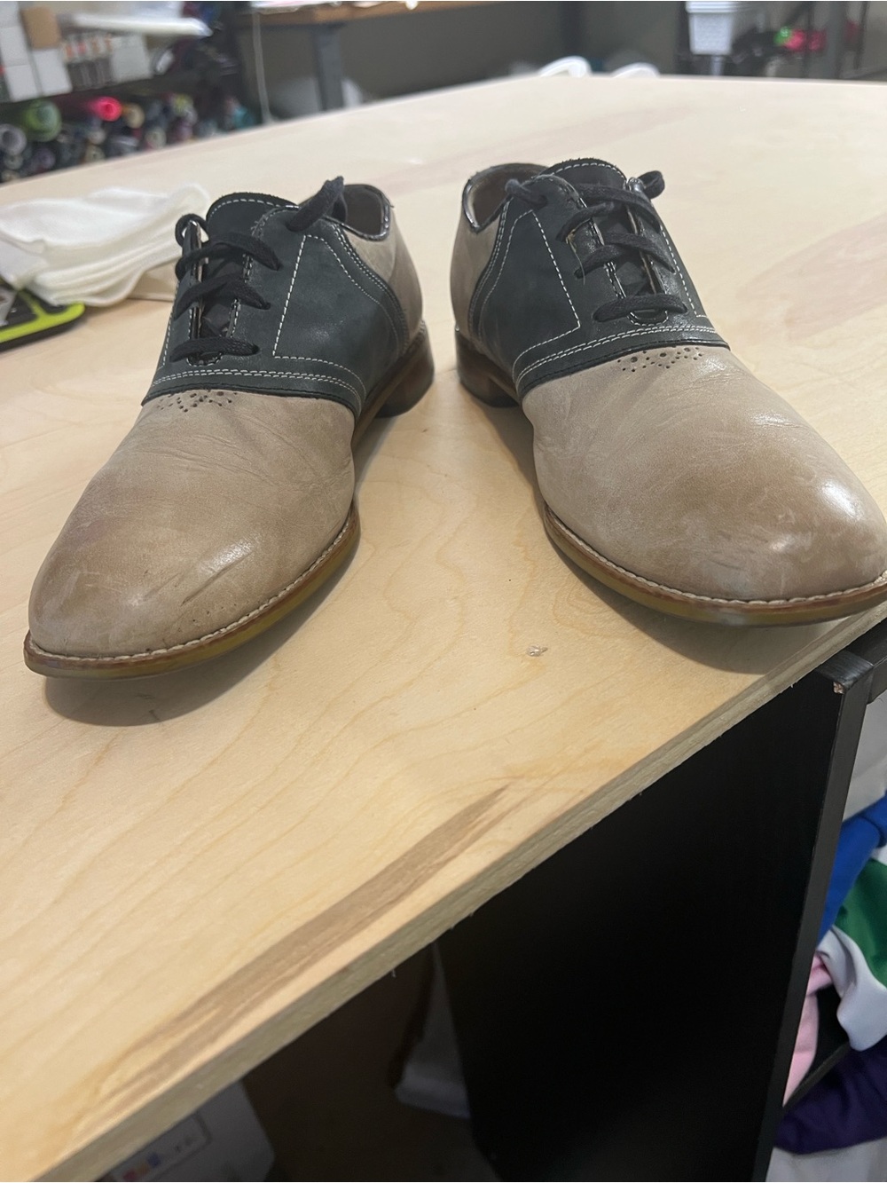 Stacy Adams Two-Tone Tan and Black Leather Oxfords